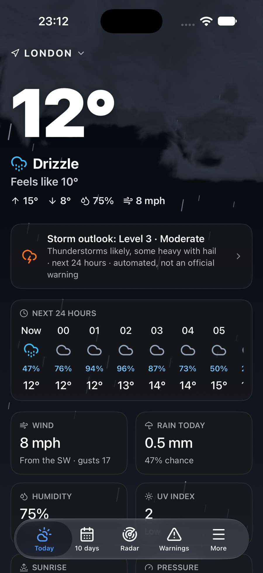 Ro-Weather for iPhone, Today screen