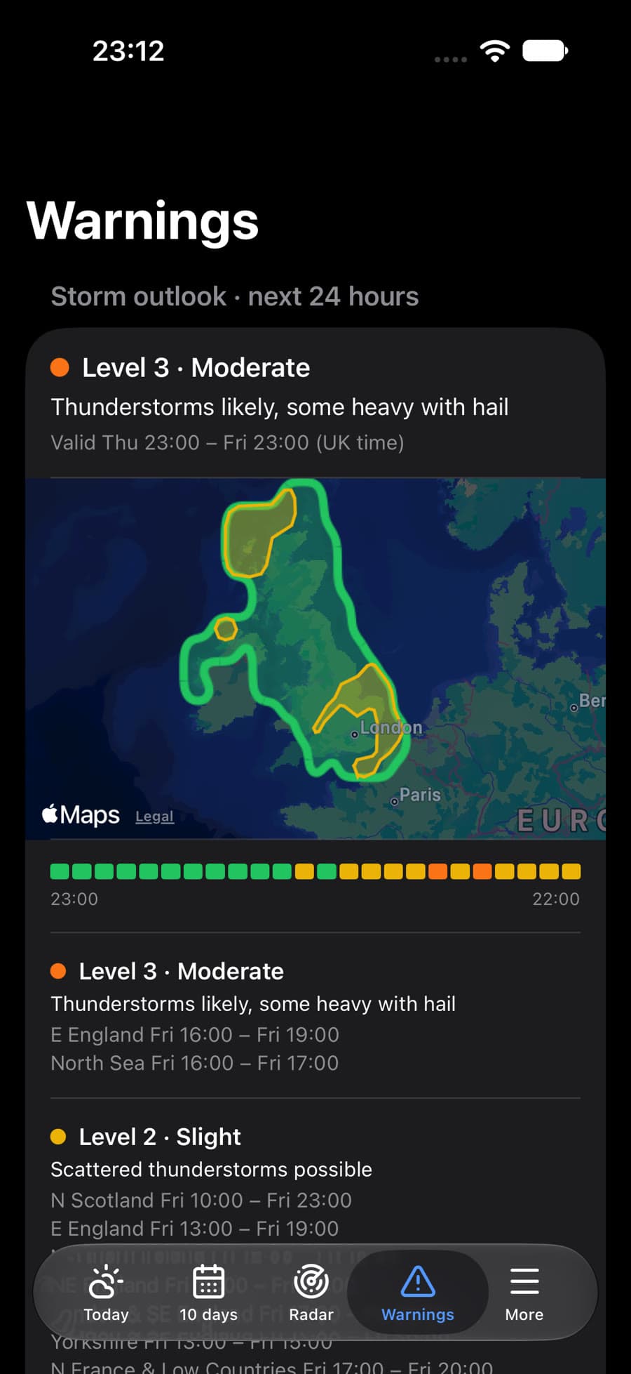 Warnings screen