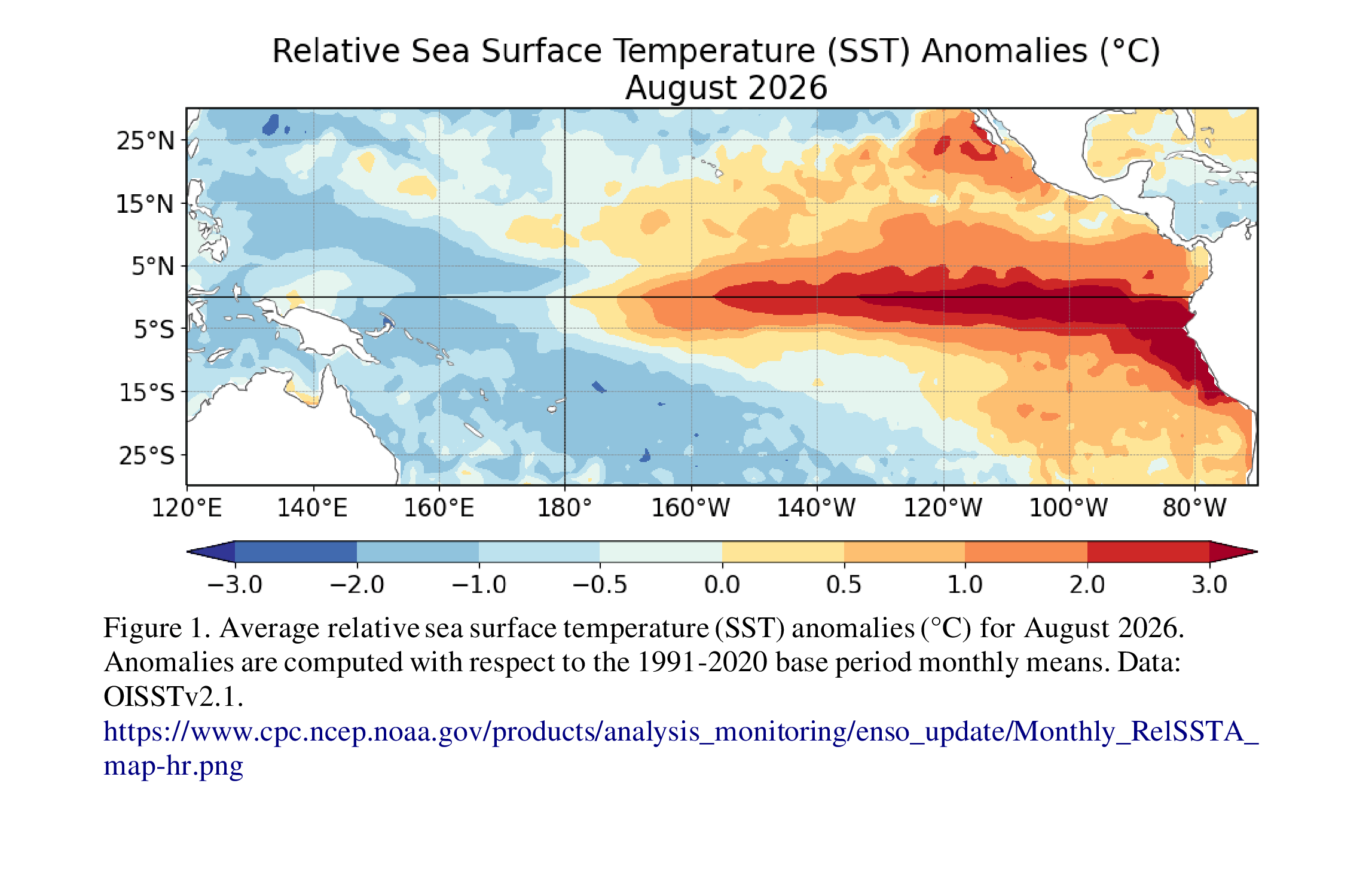 Map of observed Pacific Ocean sea-surface temperature departures from average, September 2026